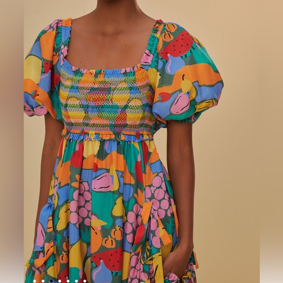 Farm Rio Multicolor Fruit Landscape Short Sleeve Midi Dress - Picture 4 of 11